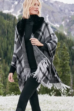 Soft Surroundings Demetria Plaid Poncho with Fur Collar><noscript><img width=