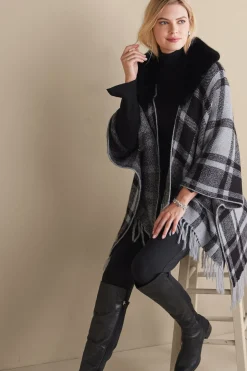 Soft Surroundings Demetria Plaid Poncho with Fur Collar><noscript><img width=