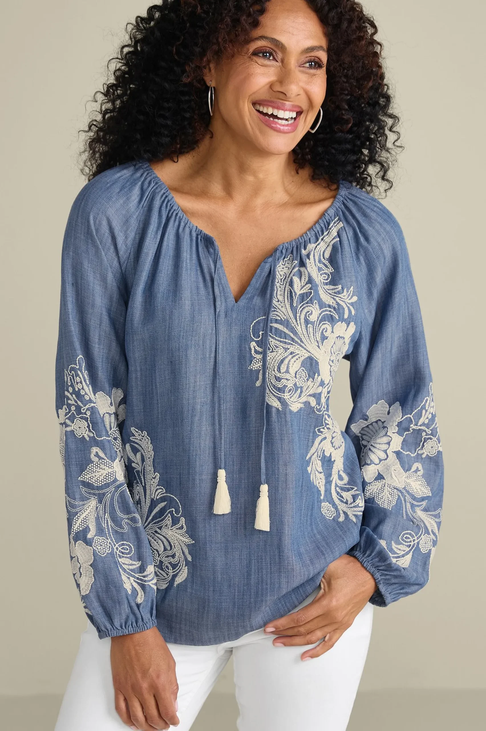 Soft Surroundings Diya Embroidered TENCEL™ Peasant Top> Feminine Flourish|Into The Blues