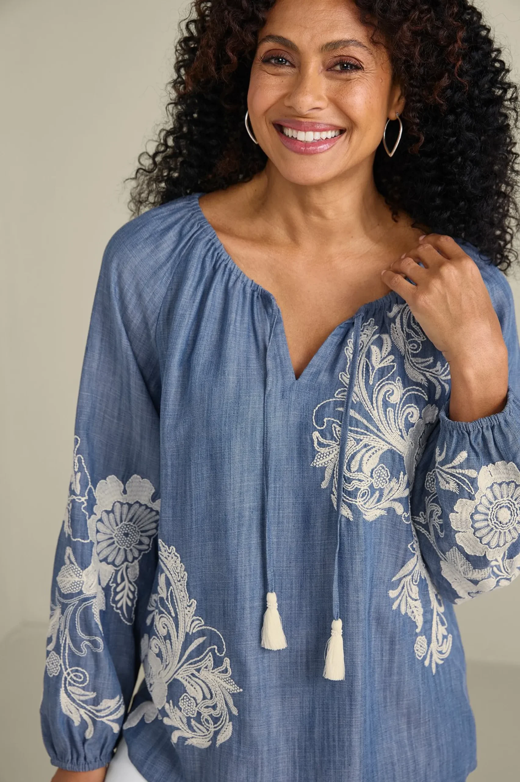 Soft Surroundings Diya Embroidered TENCEL™ Peasant Top> Feminine Flourish|Into The Blues