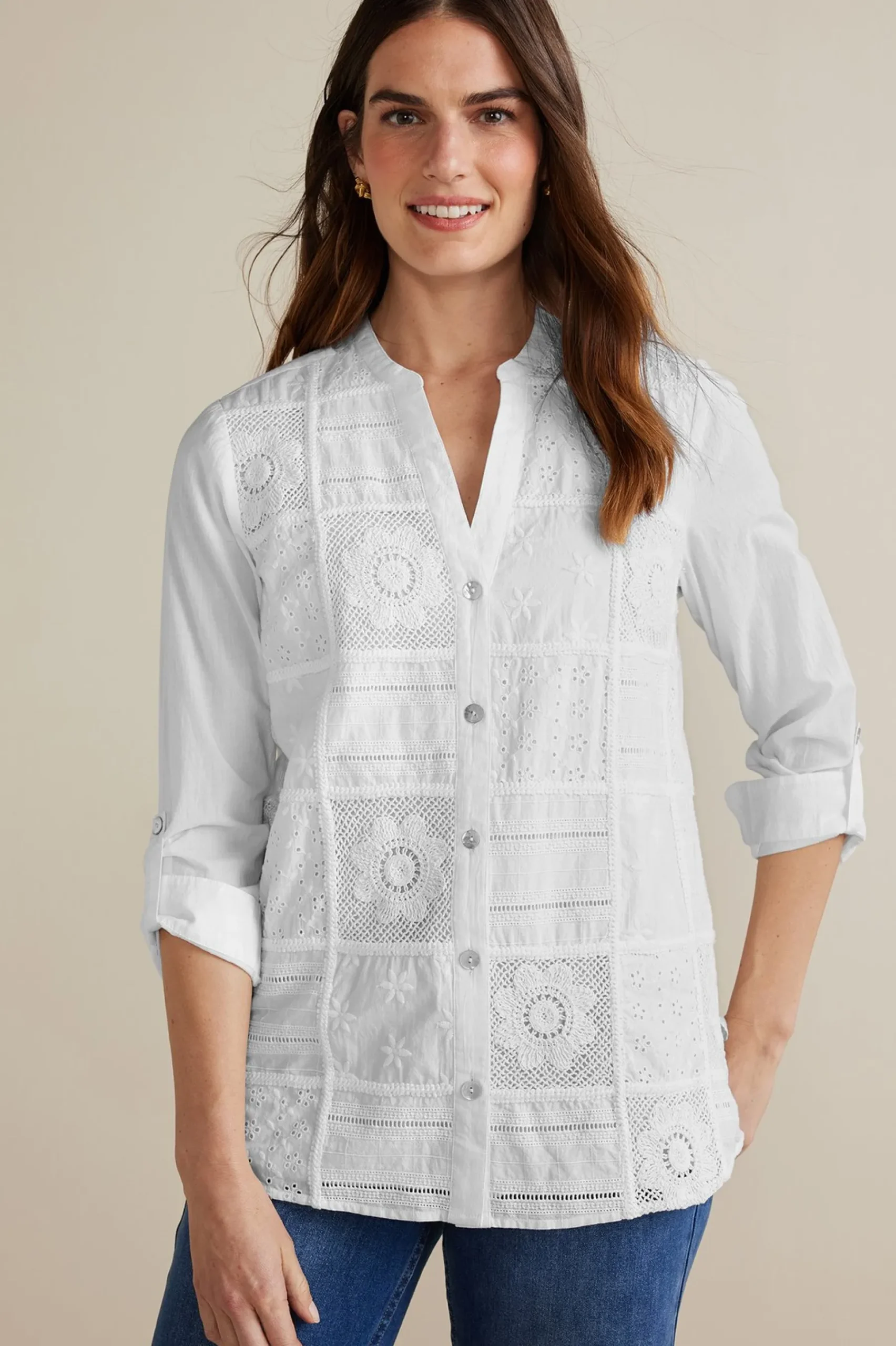 Soft Surroundings Eleanor Crochet Shirt> long sleeve|shirts
