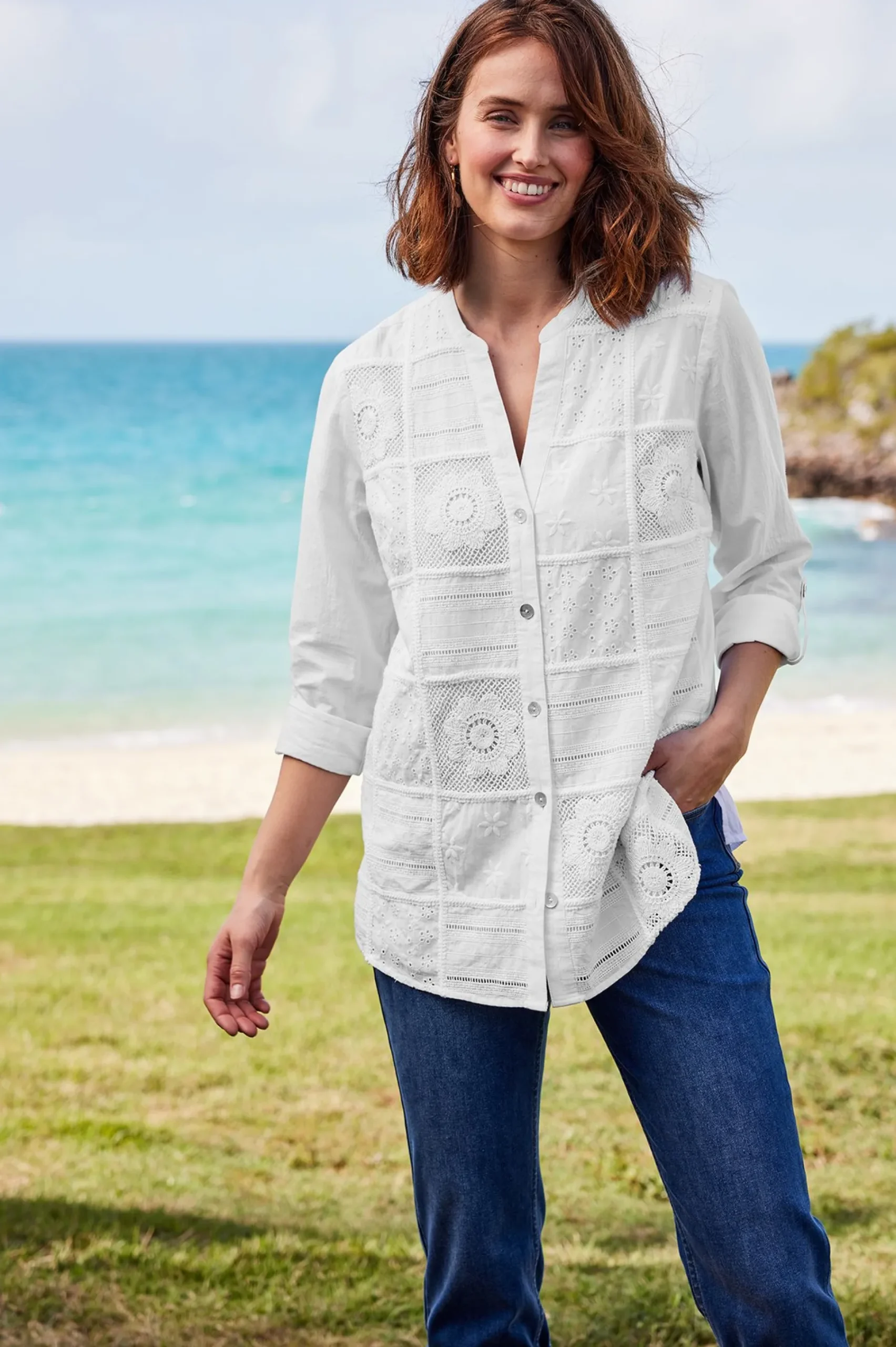 Soft Surroundings Eleanor Crochet Shirt> long sleeve|shirts