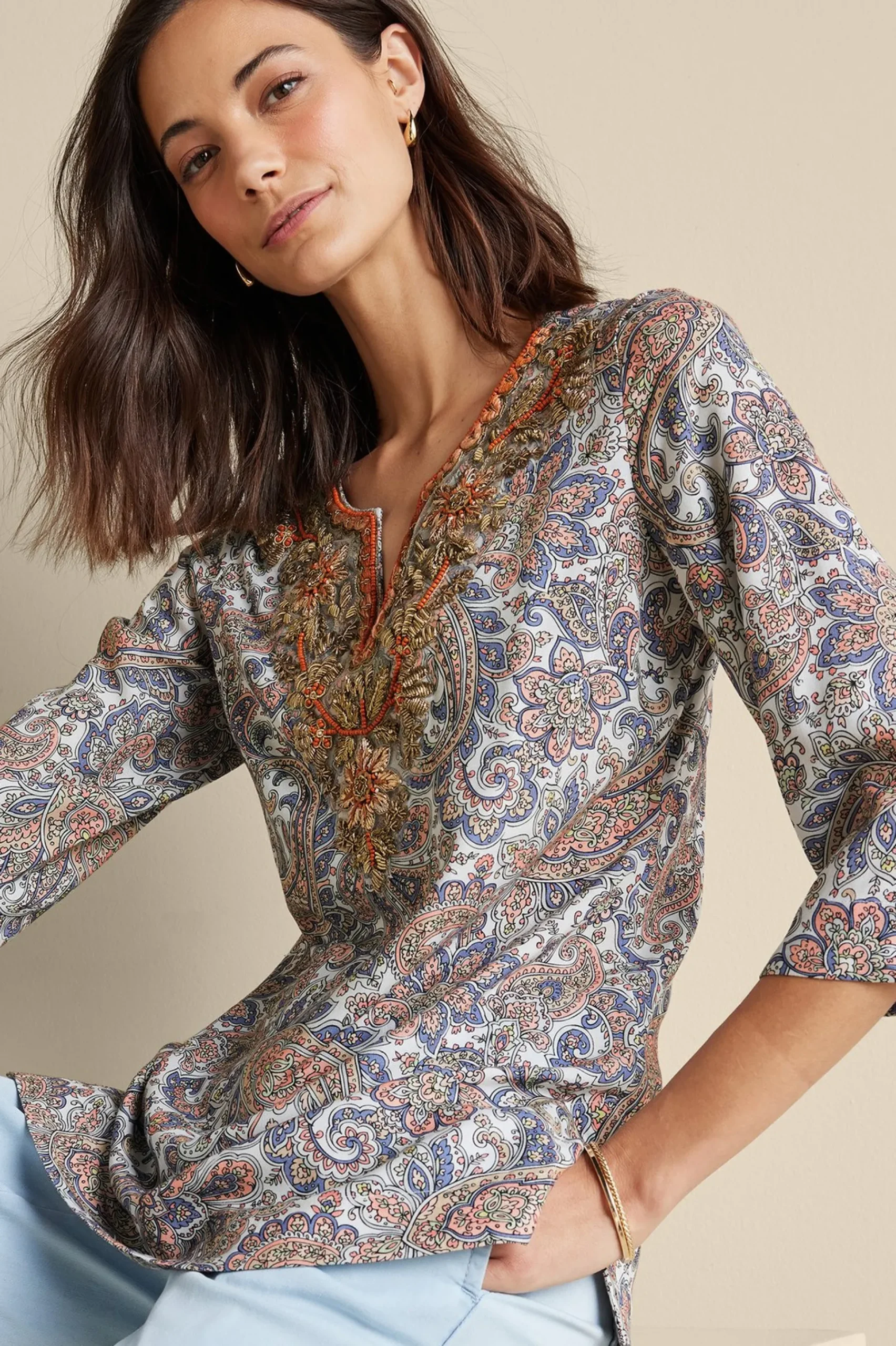 Soft Surroundings Kaimana Embellished Tunic> Global Artistry|long sleeve