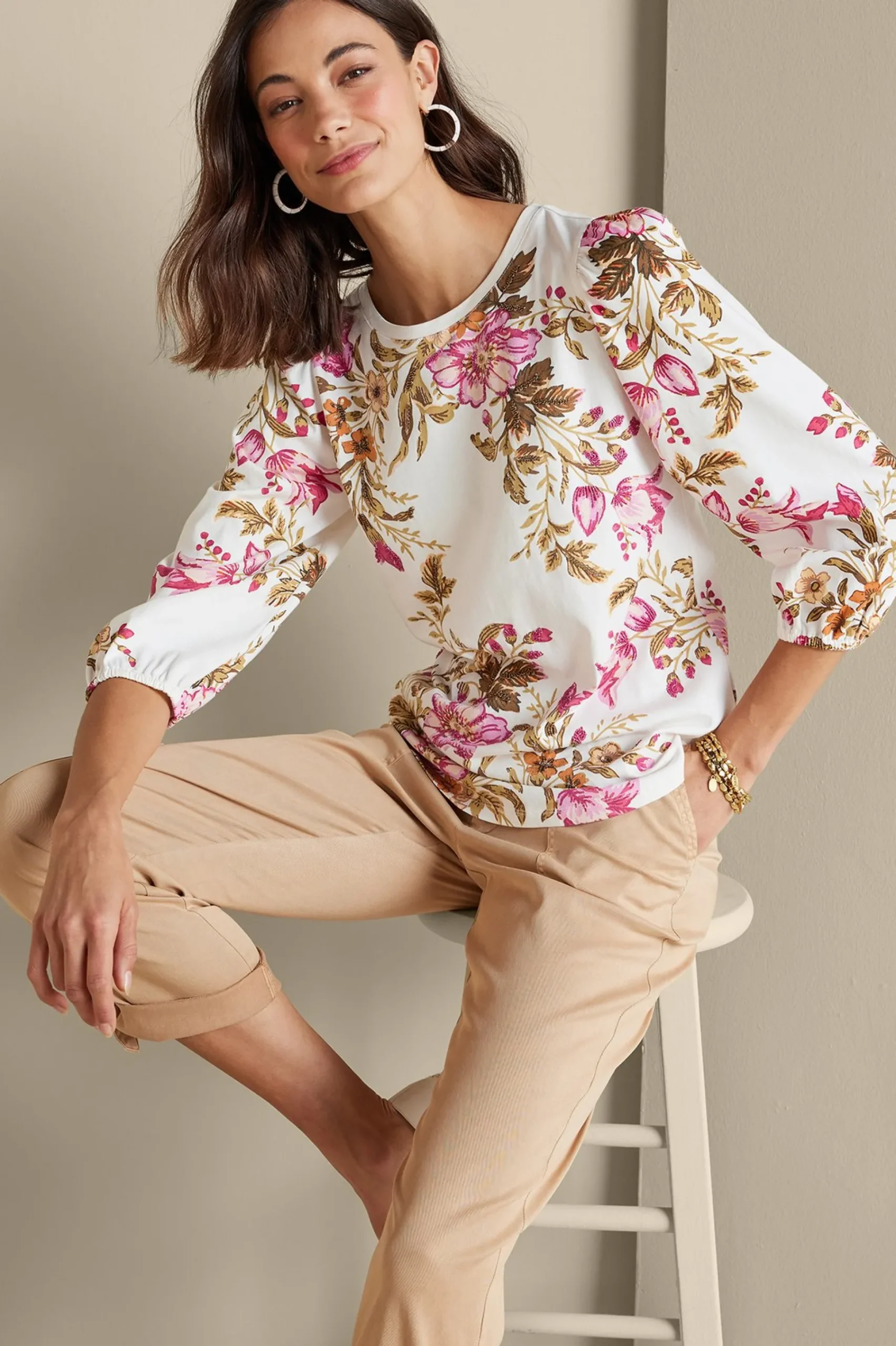 Soft Surroundings Lesley Printed Top> Feminine Flourish|three quarter length
