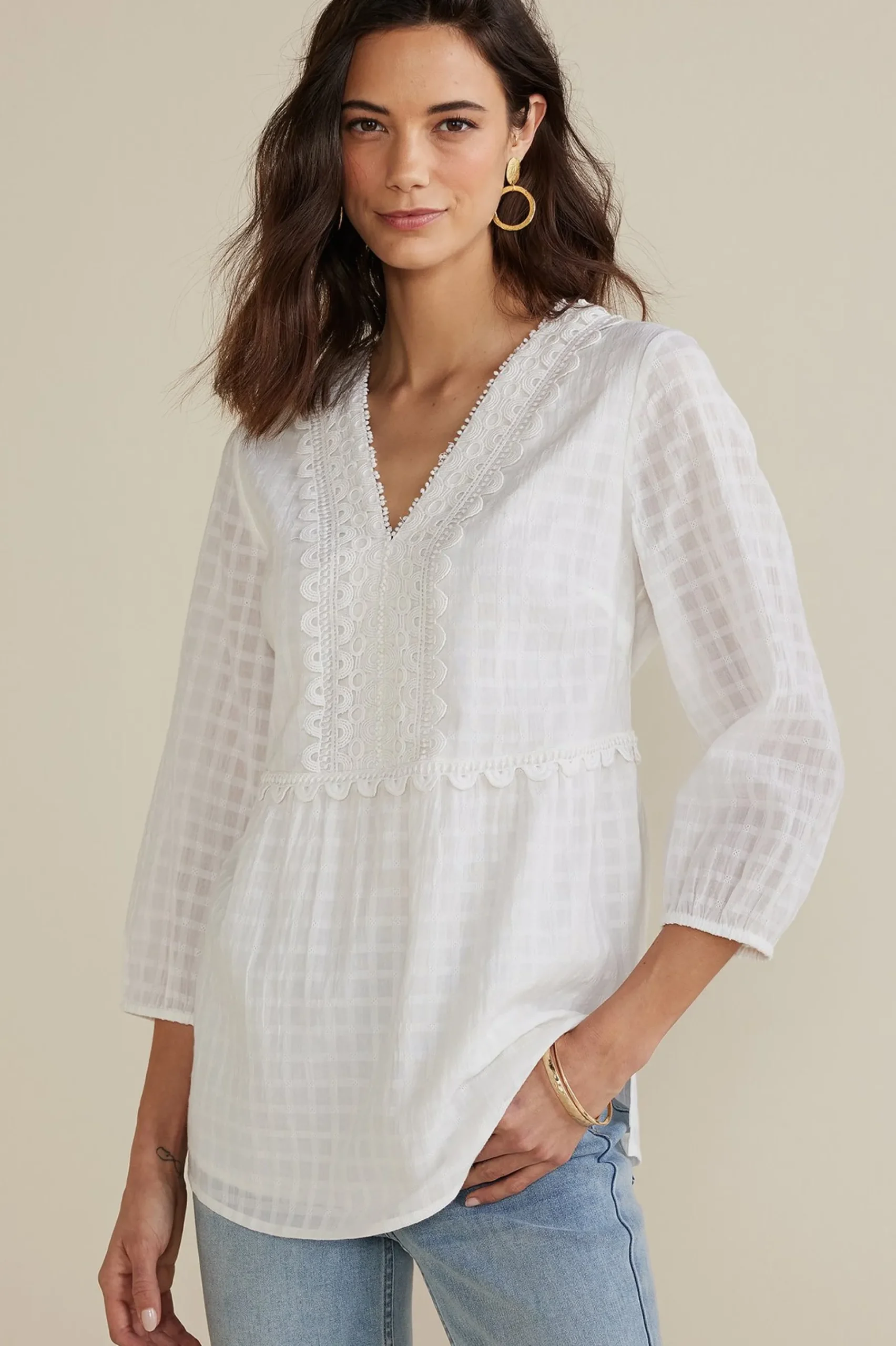 Soft Surroundings Petites Elodie Windowpane Gauze Top> Gauze Shop