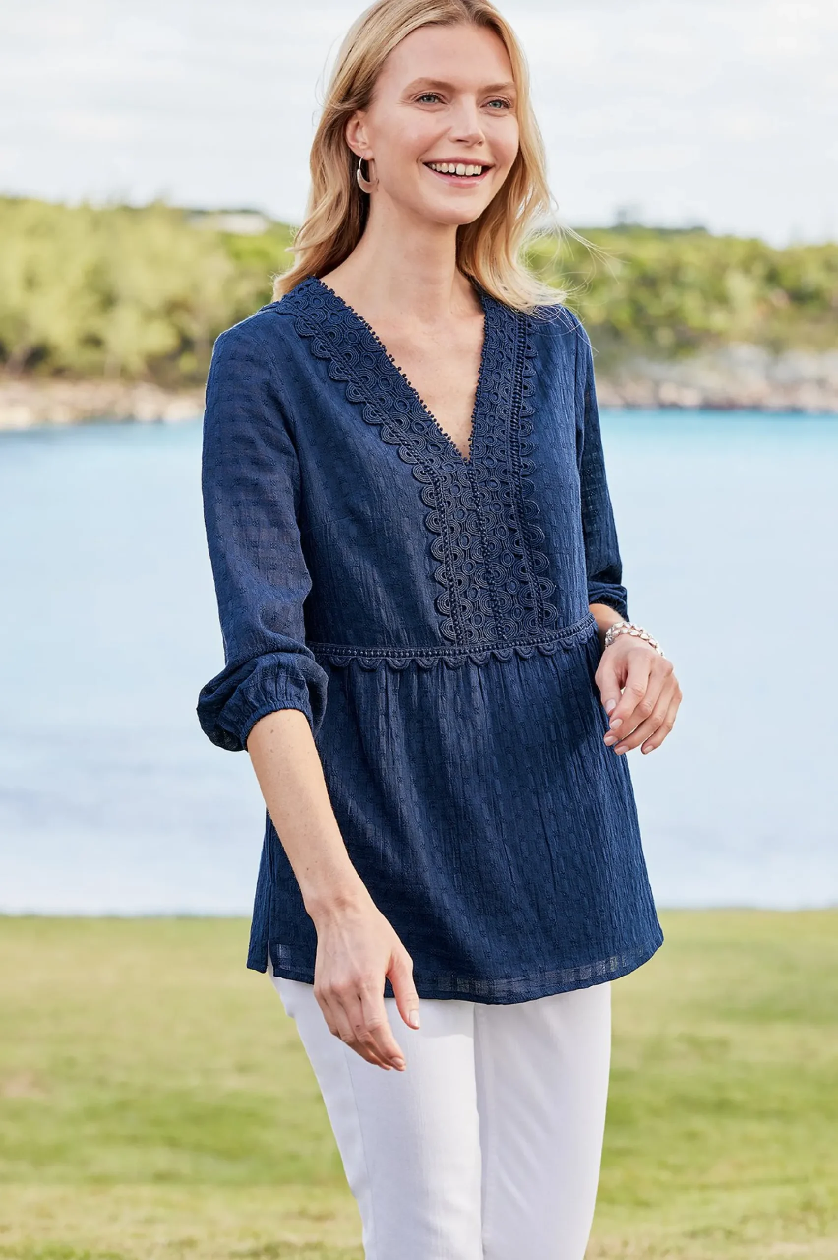 Soft Surroundings Petites Elodie Windowpane Gauze Top> Gauze Shop