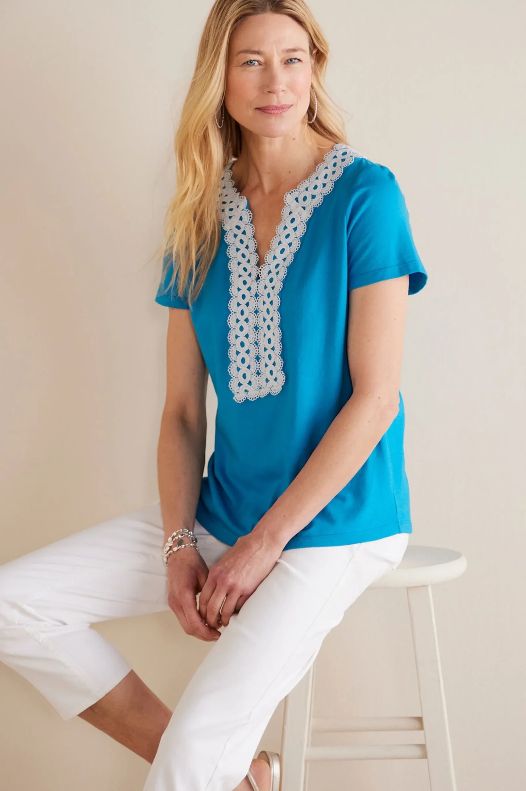 Soft Surroundings Petites Kaitlyn Embellished Knit Tee> Into The Blues|Global Artistry