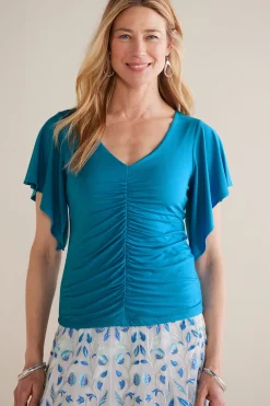 Soft Surroundings Petites Leya Ruched Top> Feminine Flourish|Into The Blues