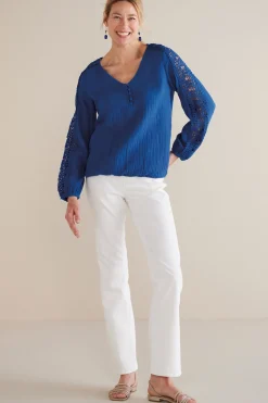 Soft Surroundings Petites Melinda Gauze & Crochet Top> Feminine Flourish|Into The Blues