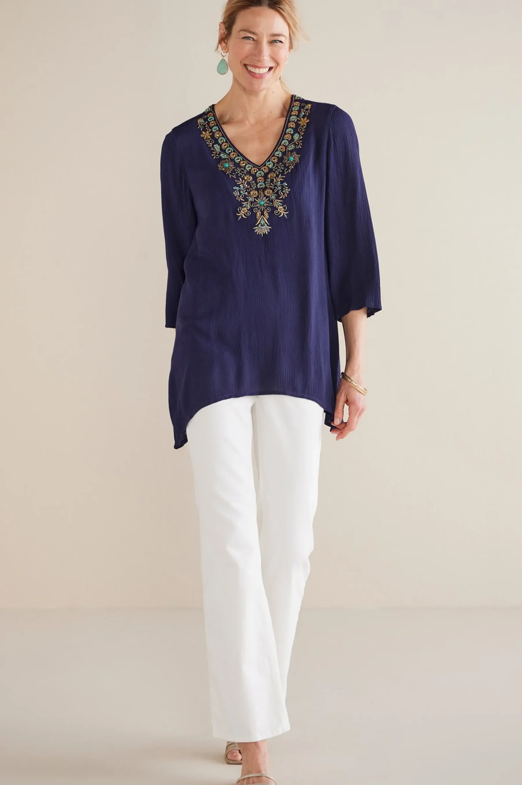 Soft Surroundings Petites Paulina Gauze Pullover> Feminine Flourish|Into The Blues