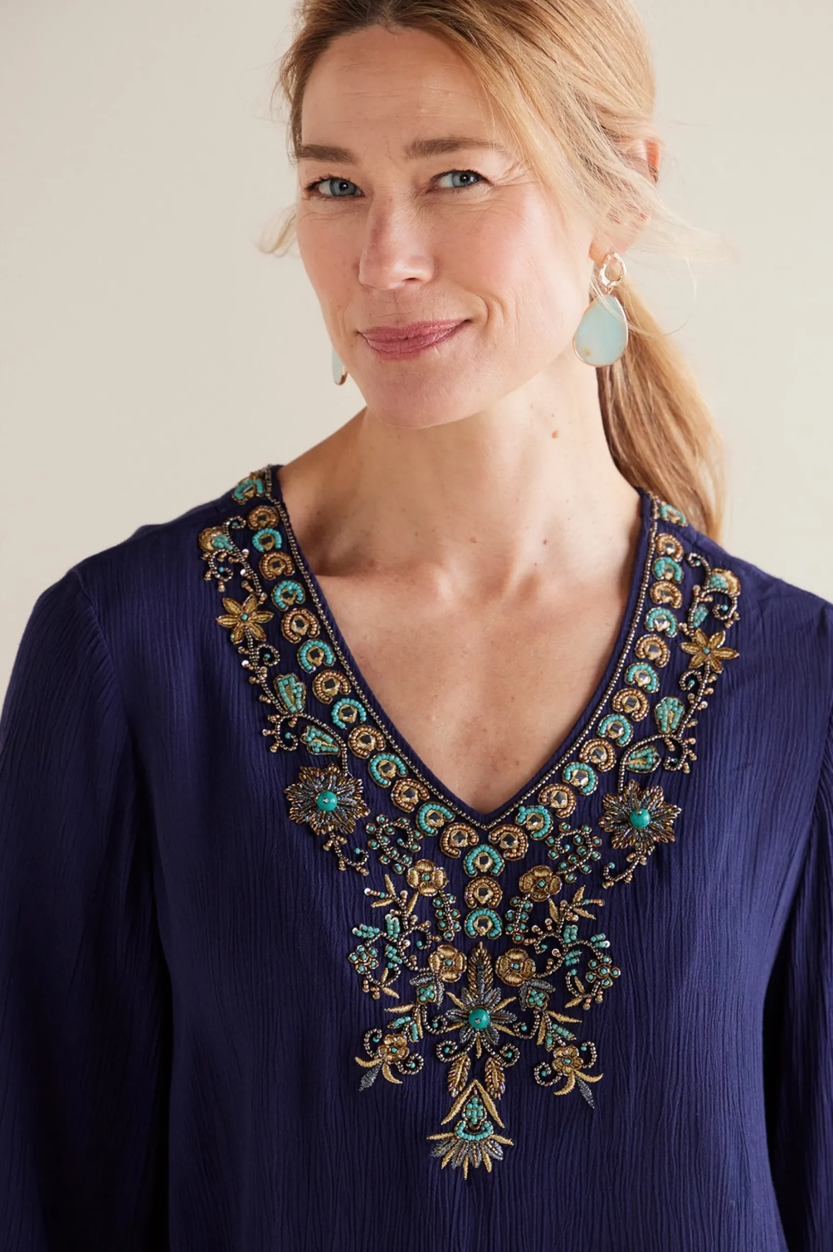 Soft Surroundings Petites Paulina Gauze Pullover> Feminine Flourish|Into The Blues