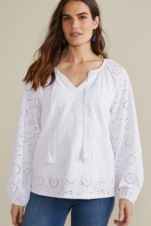 Soft Surroundings Petites Rhiannon Eyelet Peasant Top> Feminine Flourish|Global Artistry