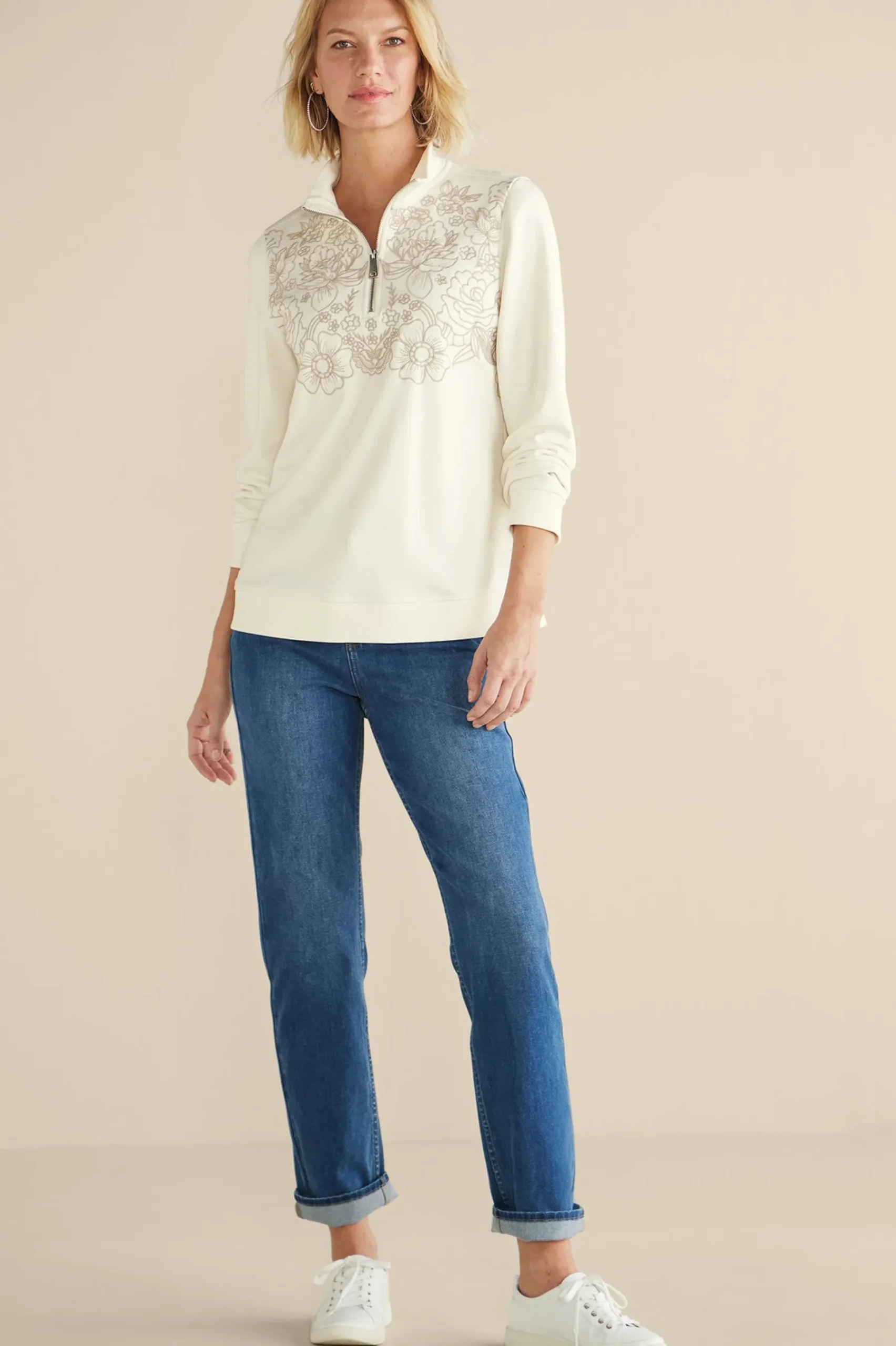 Soft Surroundings Rochelle Embroidered French Terry Pullover> Feminine Flourish|Wear Now Styles
