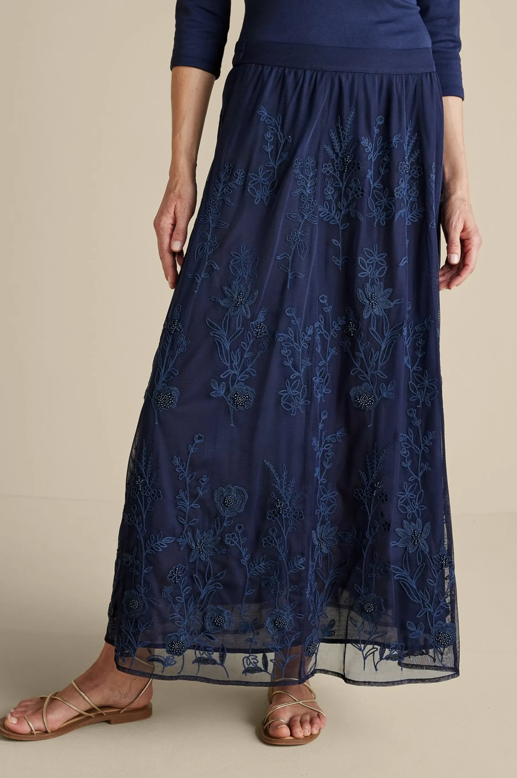 Soft Surroundings Zuri Embroidered Mesh Skirt> Feminine Flourish|Into The Blues